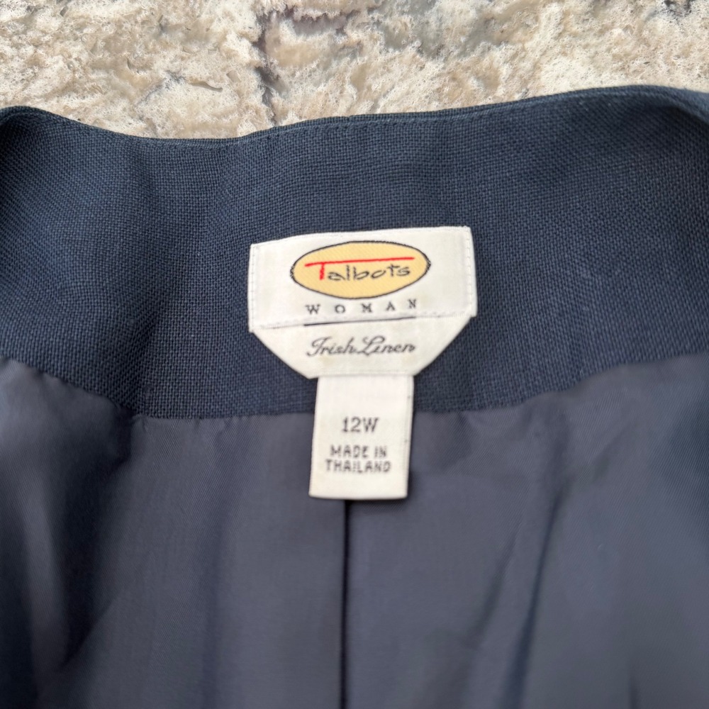 Vintage Talbots Woman Irish Linen Navy Blue Blazer Jacket Open Front Size 12W - Picture 6 of 10